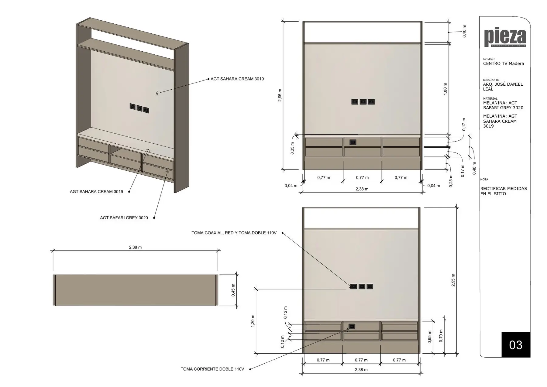Plano de fabricación del centro de televisión de madera