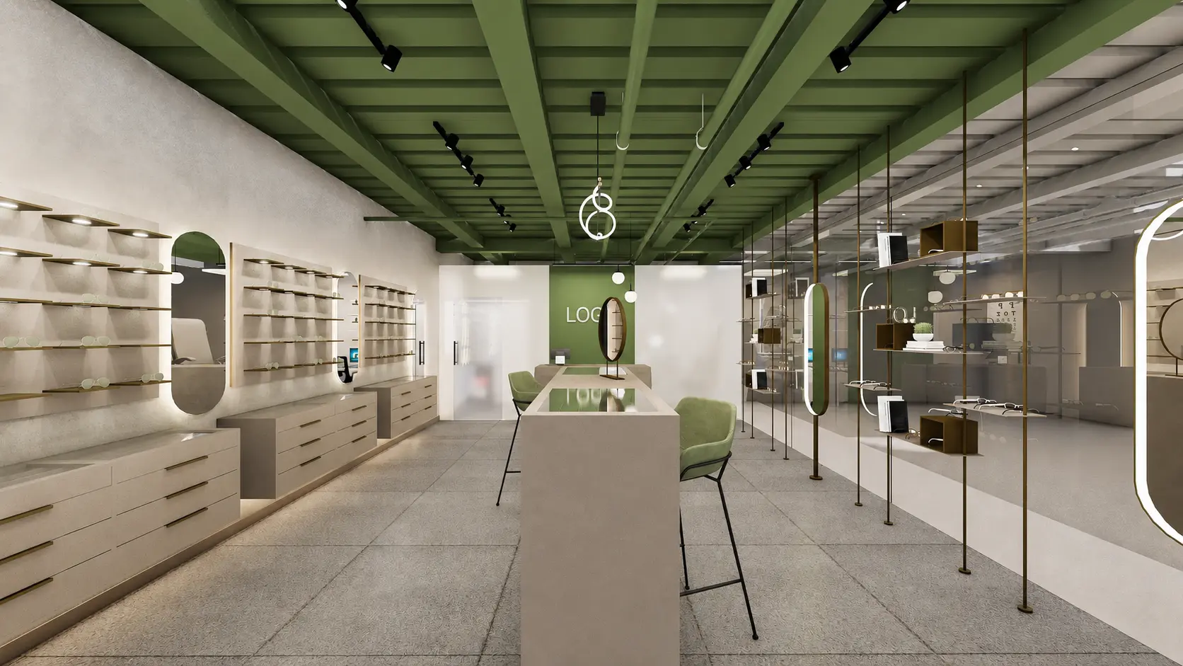 Visualización 3D del recorrido interior y las vitrinas de la Óptica